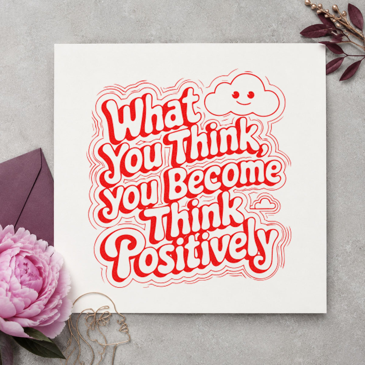 Think Positive Smiling Cloud craft stamp imprint in red ink on a handmade project, one idea being daily script cards.