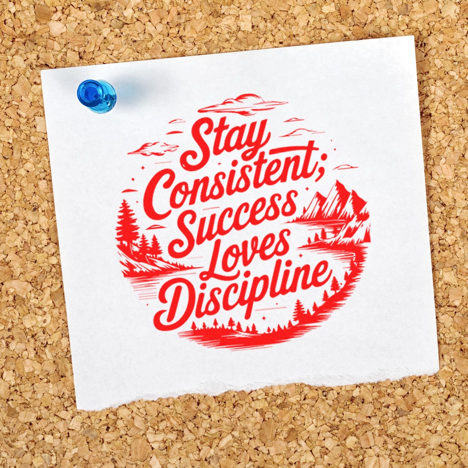 Motivational rubber stamp design reading Stay Consistent; Success Loves Discipline with mountain graphic on pinned paper.