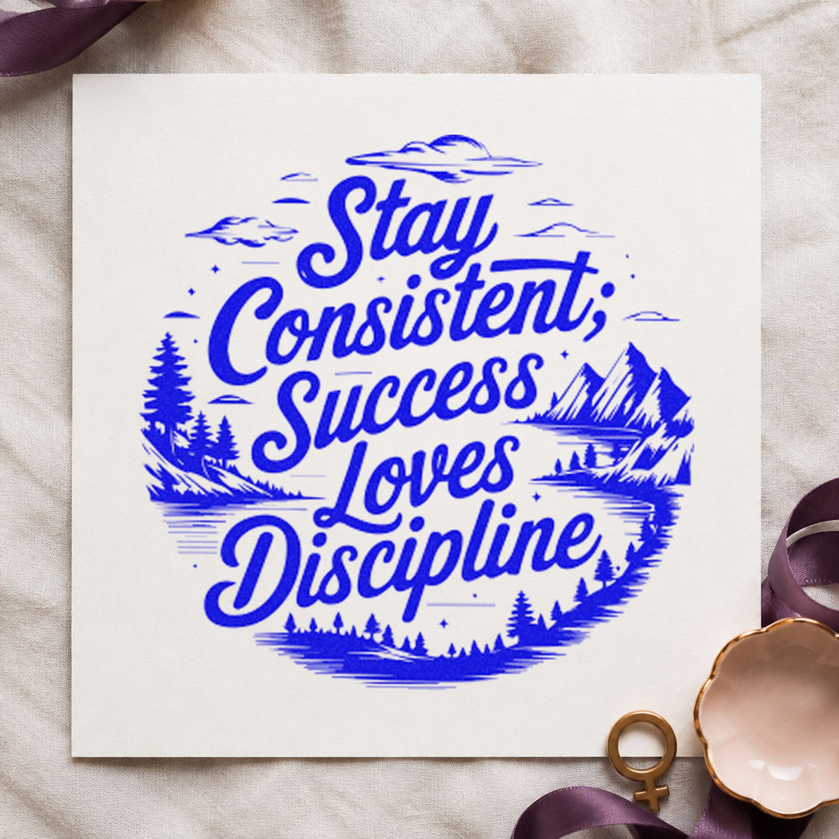 Consistent Success Loves Discipline craft stamp in blue ink on cardstock, an easy option for instructor bib printing.
