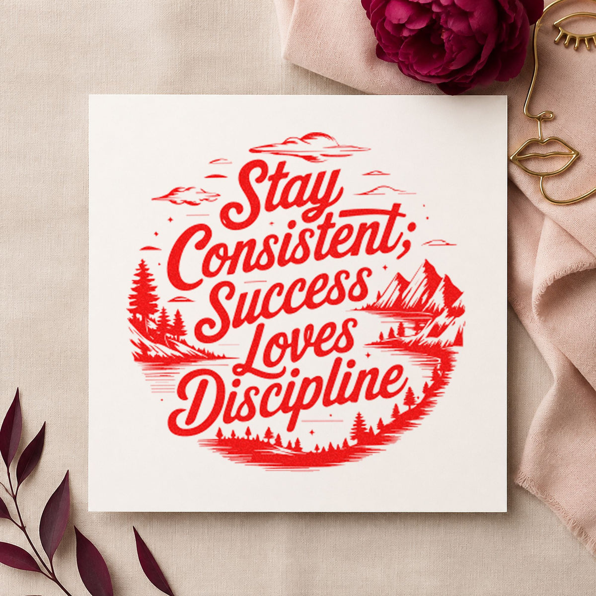 Consistent Success Loves Discipline craft stamp imprint in red ink on a handmade project, one idea being lesson note cards.