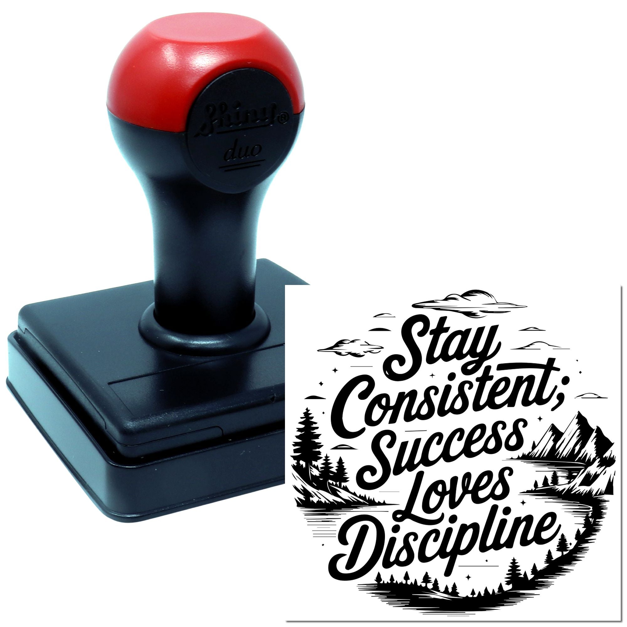 Self-inking custom rubber stamp with mountain design and quote, Stay Consistent; Success Loves Discipline.