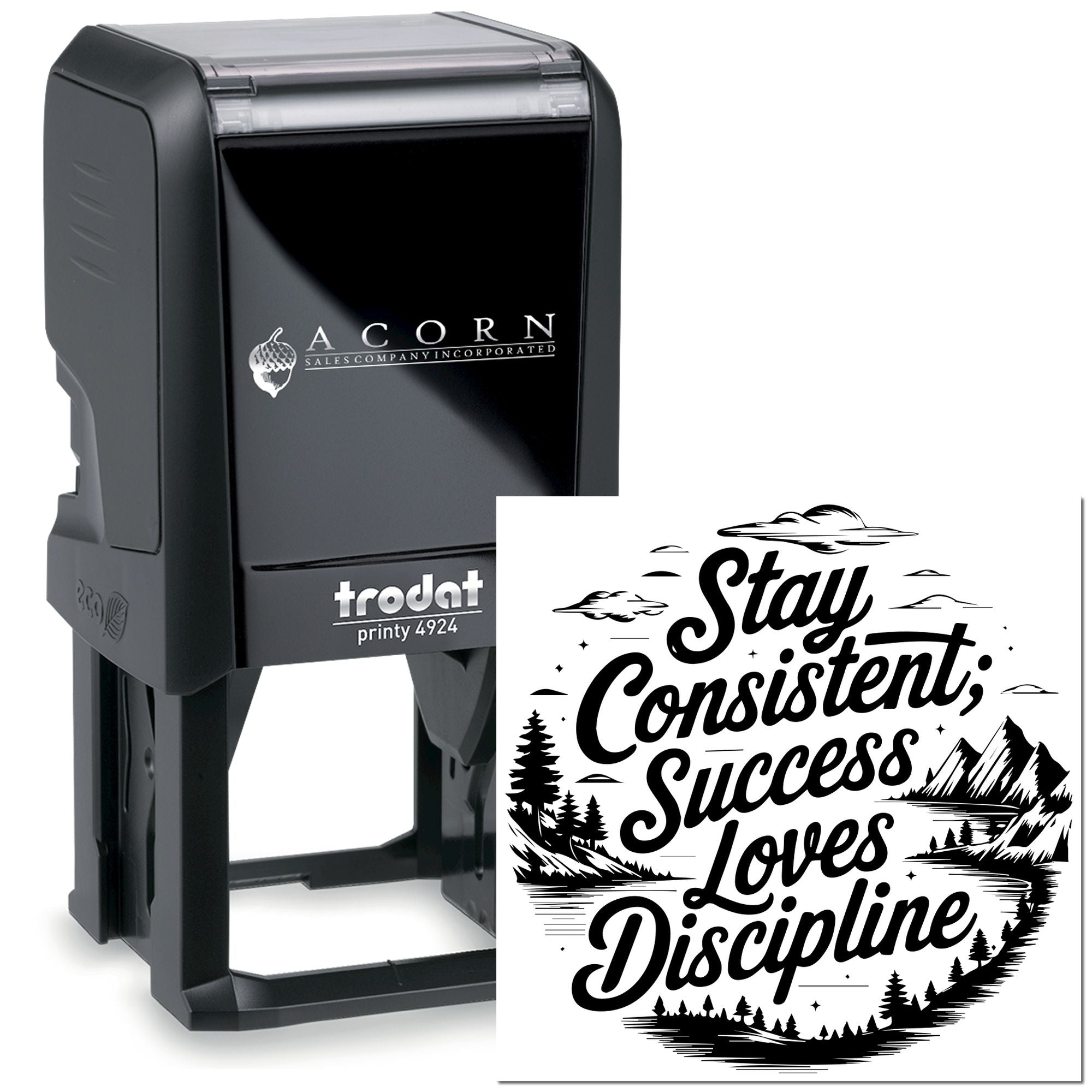 Self-inking rubber stamp with custom Stay Consistent; Success Loves Discipline motivational quote design.