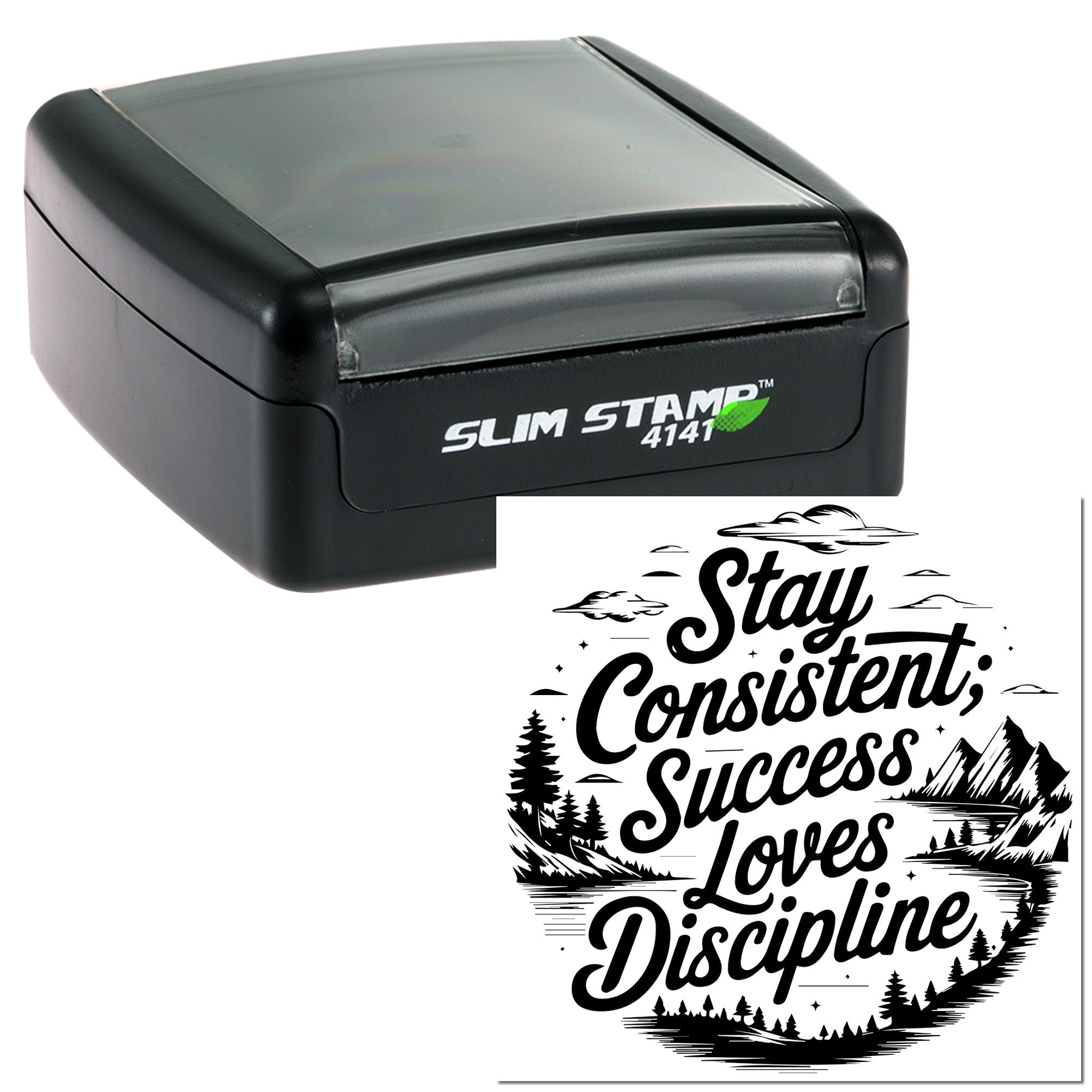 Slim Stamp 4141 self-inking rubber stamp with Stay Consistent; Success Loves Discipline motivational design.