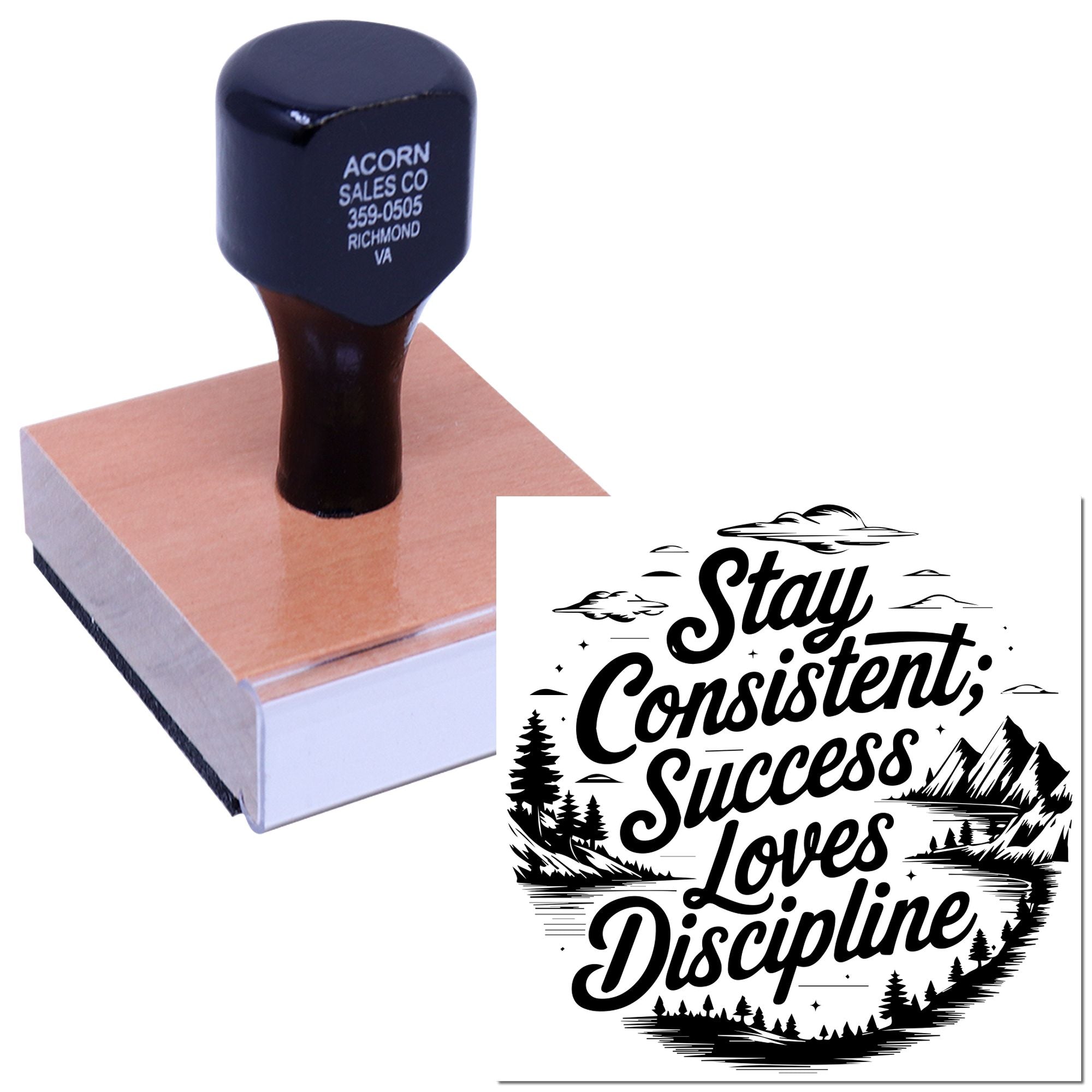 Custom rubber stamp with Stay Consistent; Success Loves Discipline design for business branding, crafts, and motivation.