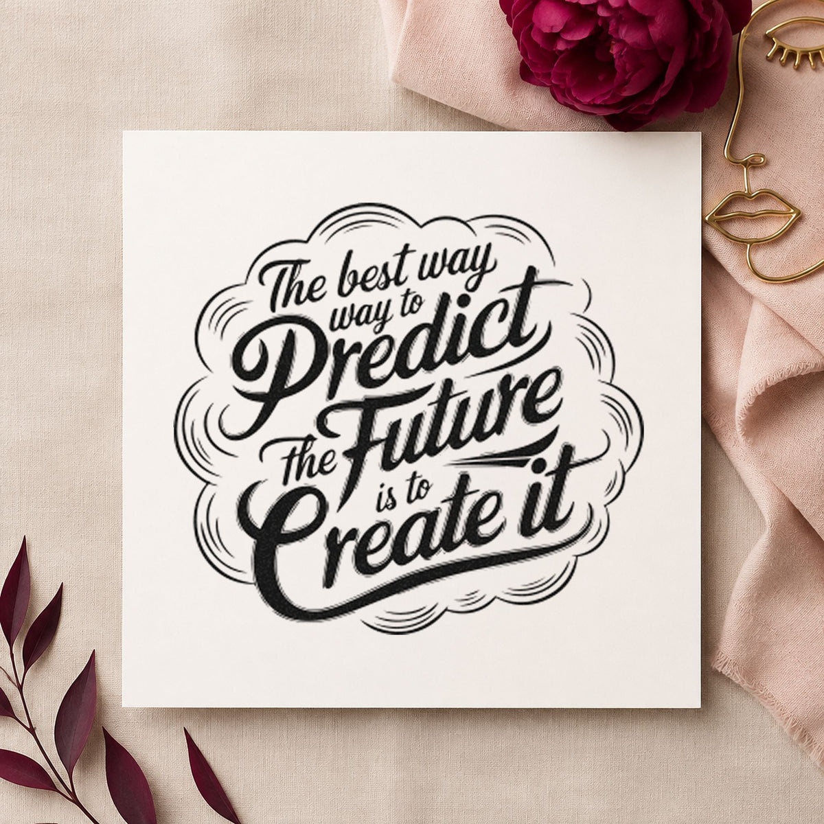 Predict Future Create It craft stamp imprint in black ink on a handmade project, one idea being issue bundle tags.