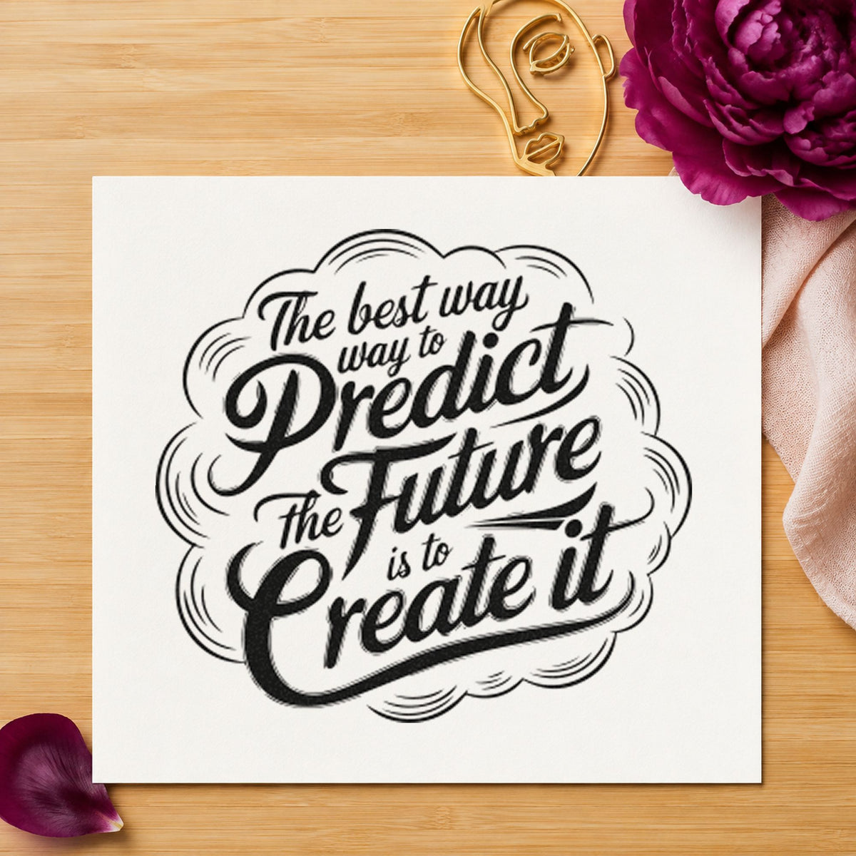 Predict Future Create It rubber stamp printed in black ink, ready for story assign sheet and similar paper crafts.