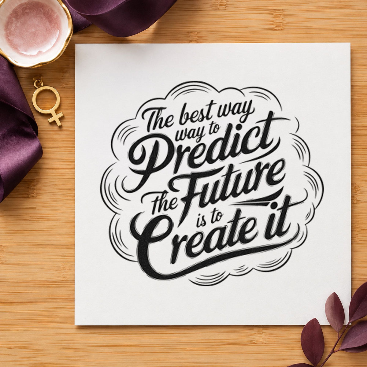 Predict Future Create It rubber stamp printed in black ink, ready for scalloped cloud cards and similar paper crafts.