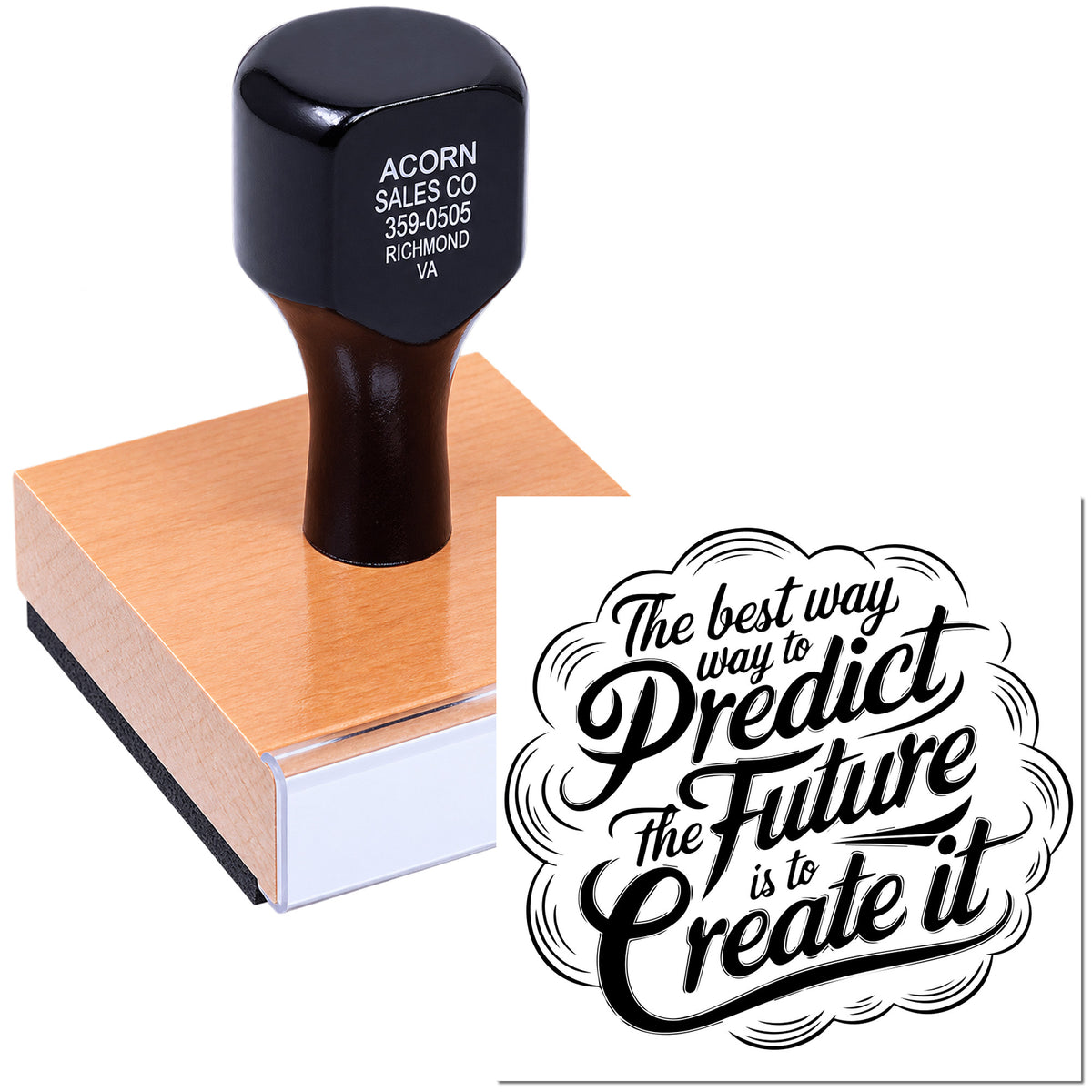 Custom rubber stamp with inspirational quote, The best way to predict the future is to create it, for branding or crafts.