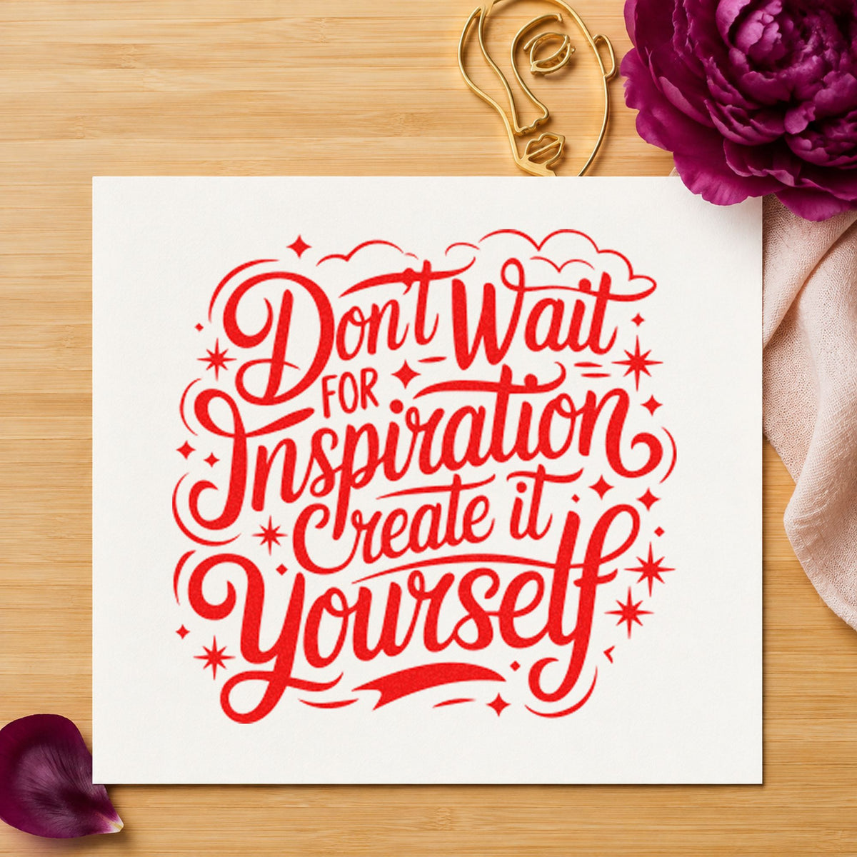 Create Inspiration Yourself Quote rubber stamp shown in red ink, stamped for projects such as bin capo labels.