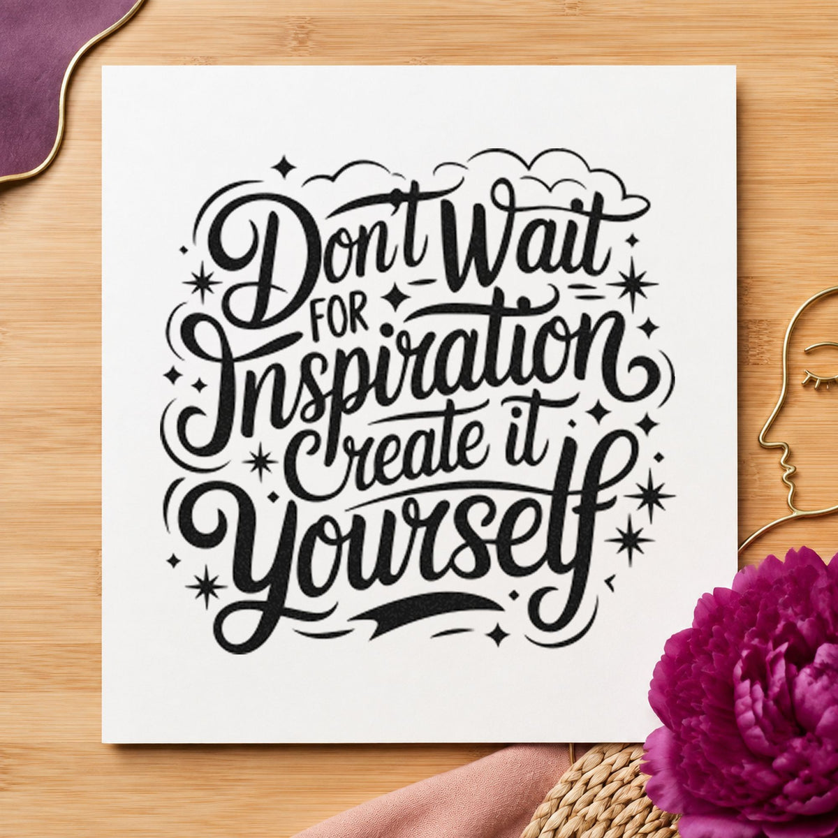 Create Inspiration Yourself Quote rubber stamp printed in black ink, ready for curved flourish cards and similar paper crafts.