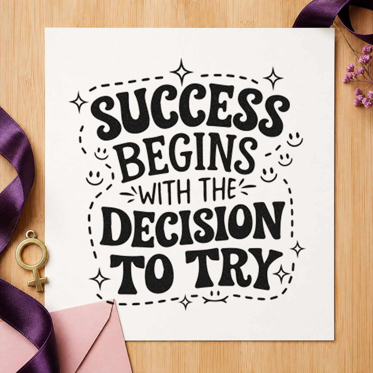 Success Decision To Try craft stamp in black ink on cardstock, an easy option for tutoring album page.