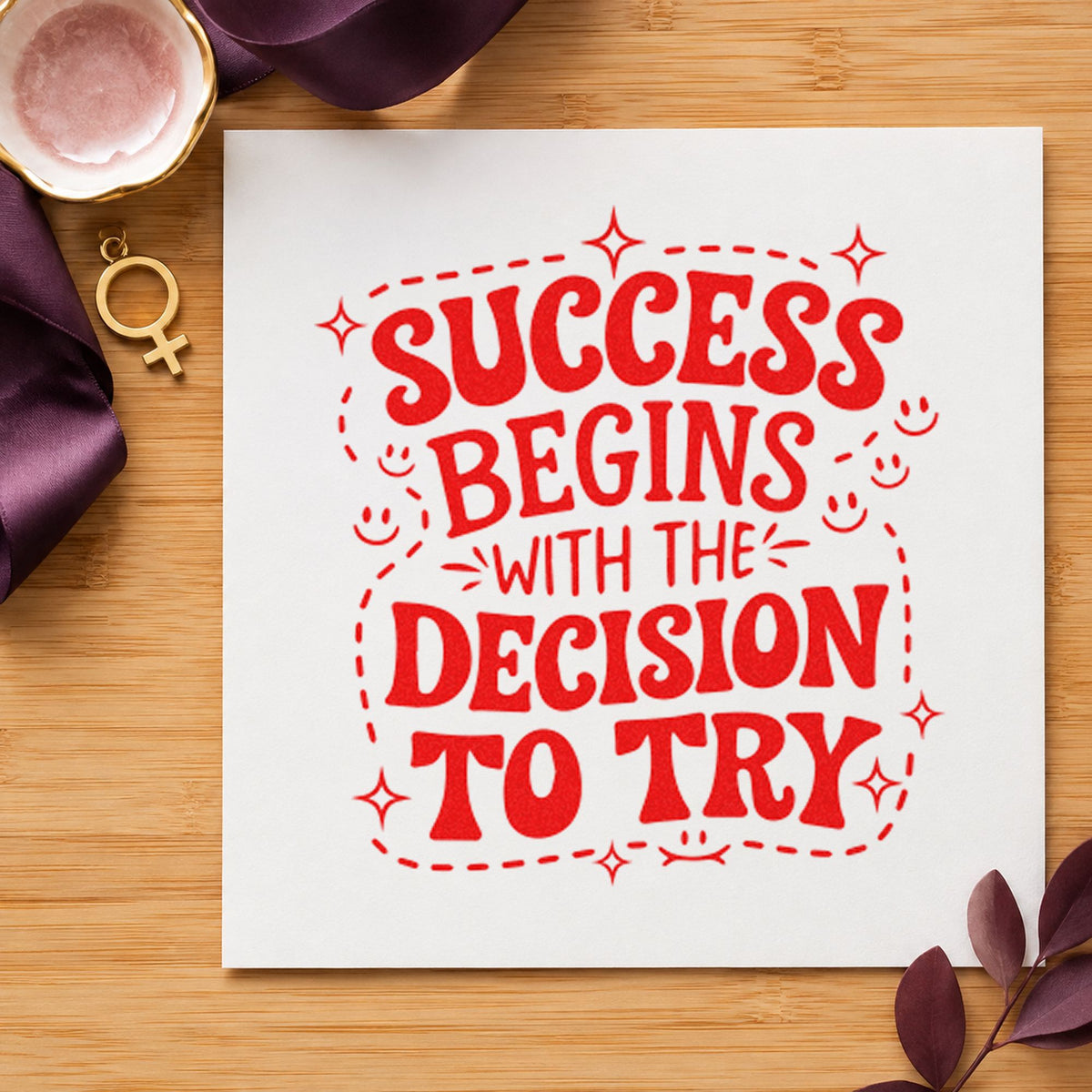 Success Decision To Try rubber stamp shown in red ink, stamped for projects such as shelf level labels.