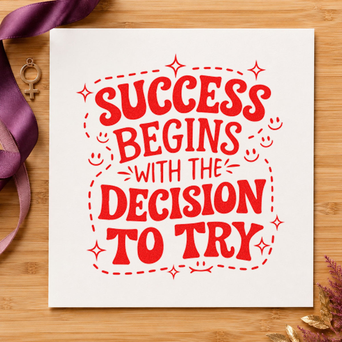 Success Decision To Try craft stamp imprint in red ink on a handmade project, one idea being progress note cards.