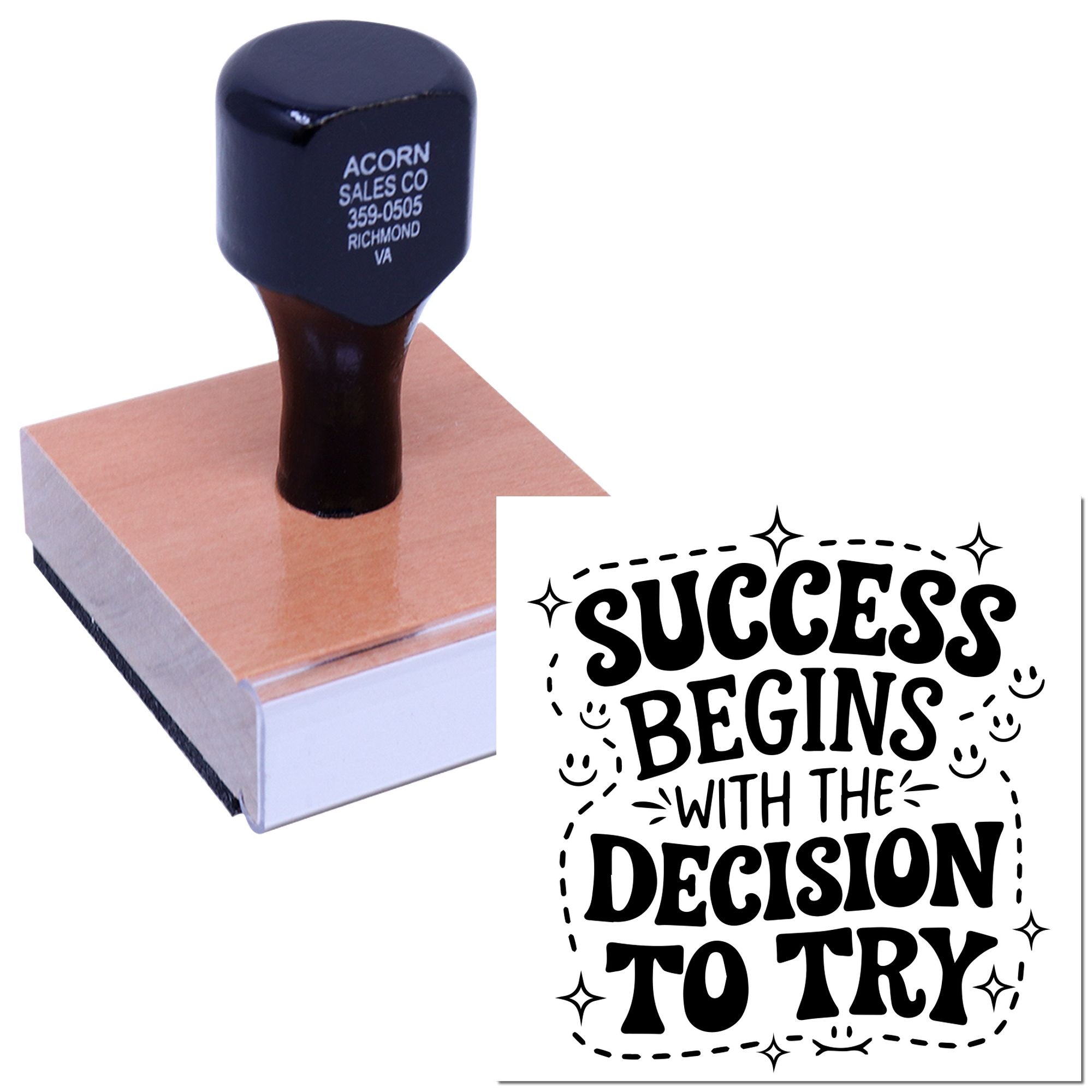 Custom rubber stamp with inspirational quote, Success begins with the decision to try, for packaging or branding.