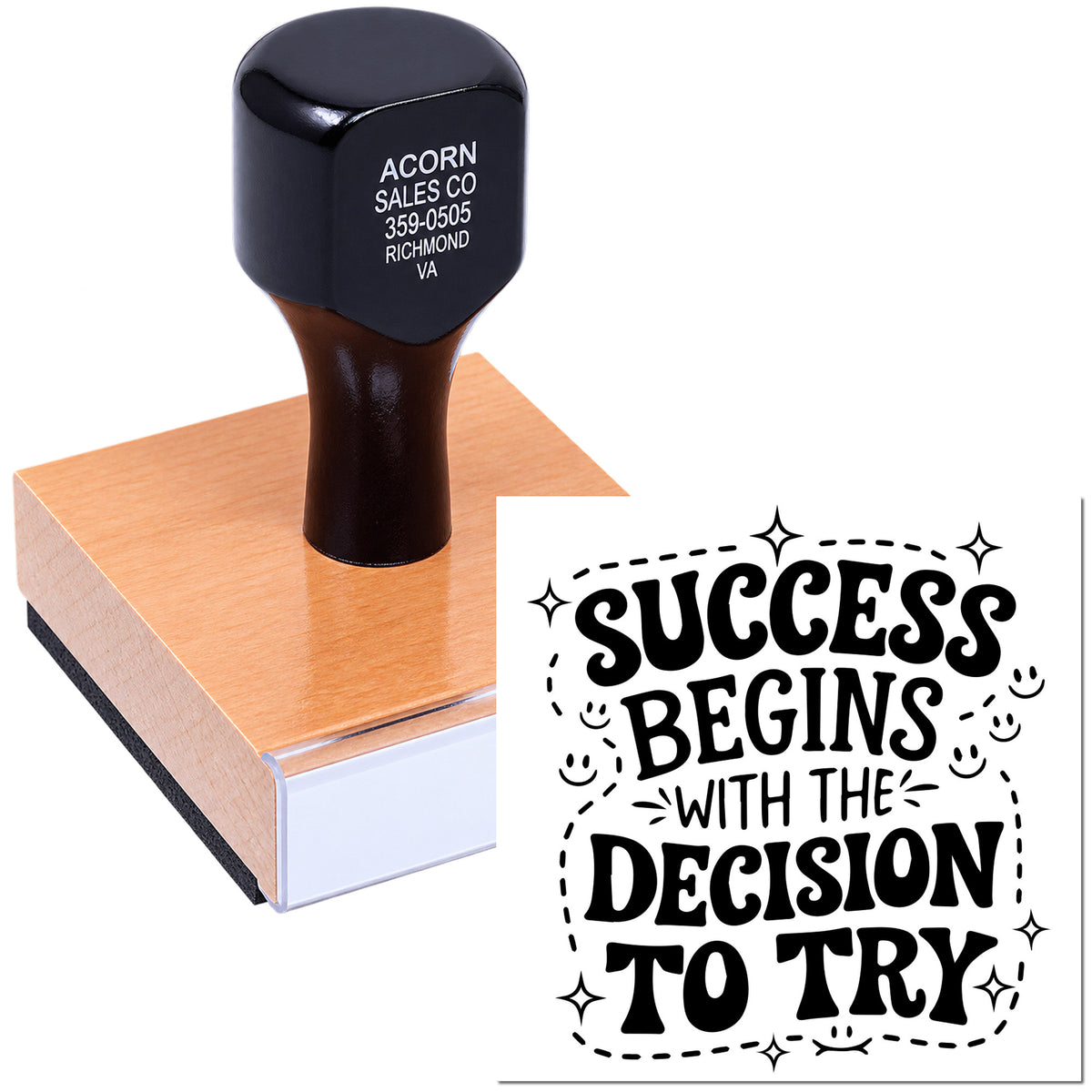 Custom rubber stamp with inspirational quote, Success begins with the decision to try, for packaging or branding.
