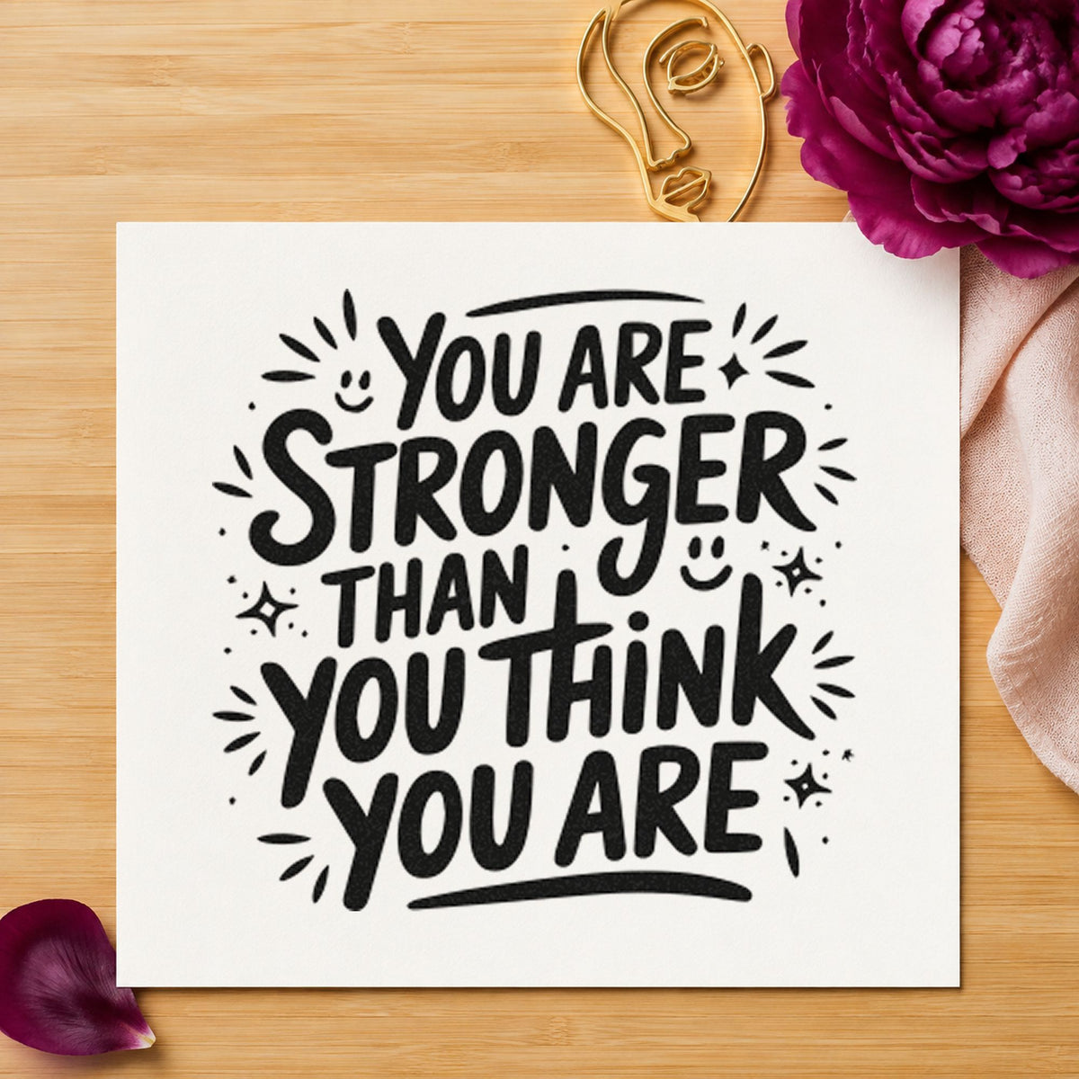 Stronger Than You Think craft stamp in black ink on cardstock, an easy option for woodlot album page.