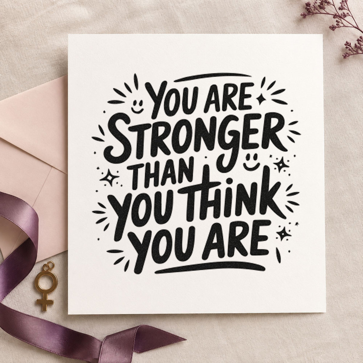 Stronger Than You Think craft stamp imprint in black ink on a handmade project, one idea being cord gift tags.