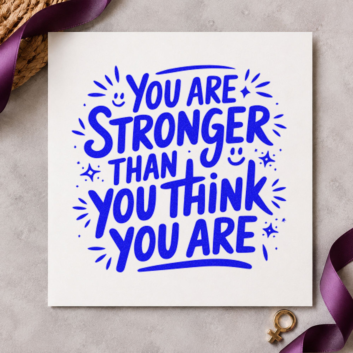 Stronger Than You Think craft stamp imprinted in blue ink on paper, a design suited to framed wood shed.