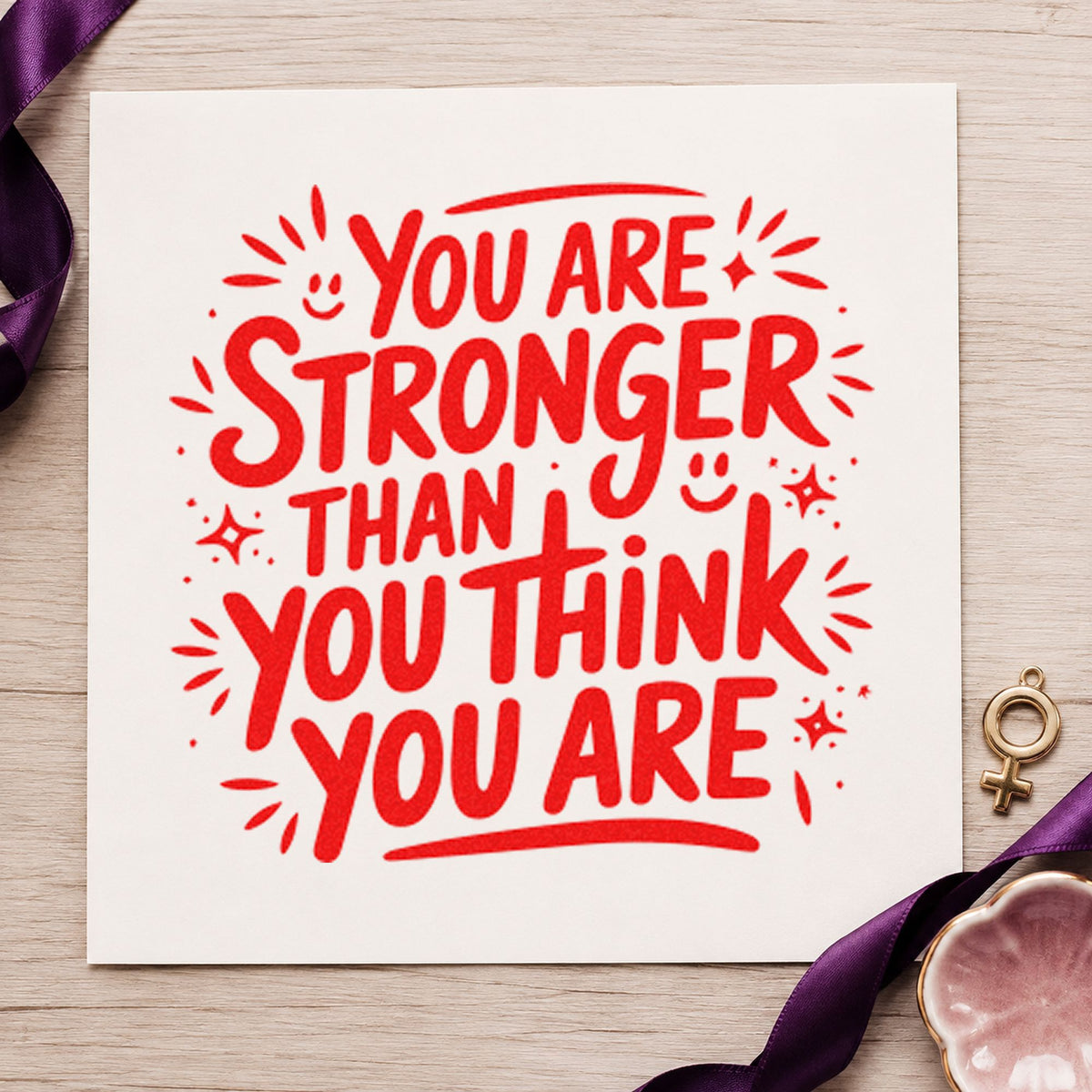 Stronger Than You Think craft stamp imprint in red ink on a handmade project, one idea being cutting plan cards.