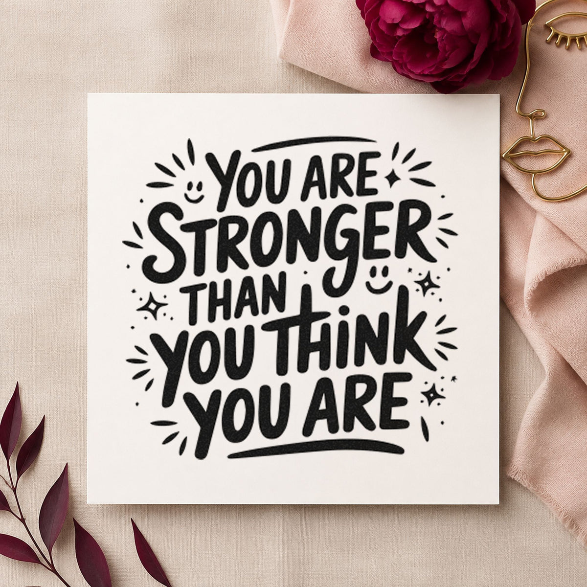 Stronger Than You Think rubber stamp printed in black ink, ready for star stroke cards and similar paper crafts.