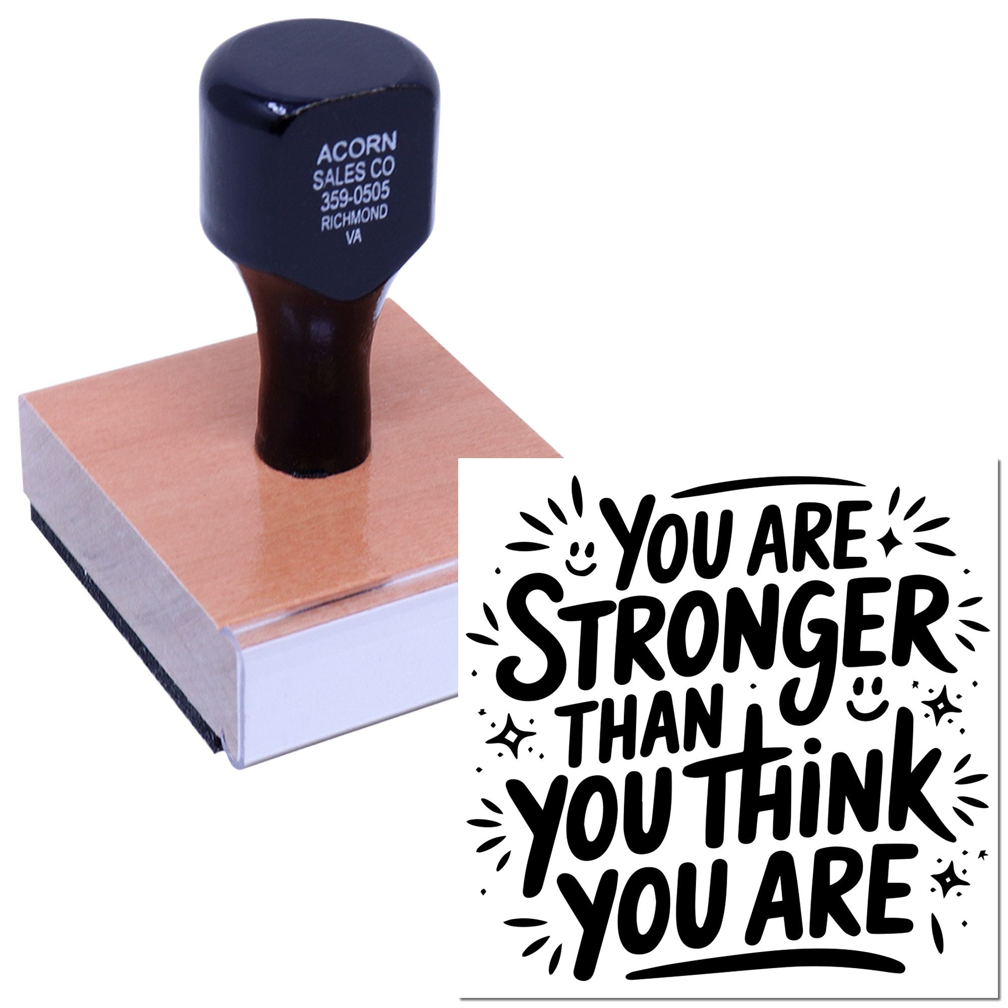 Custom rubber stamp with motivational You Are Stronger Than You Think imprint for cards, crafts, and branding.