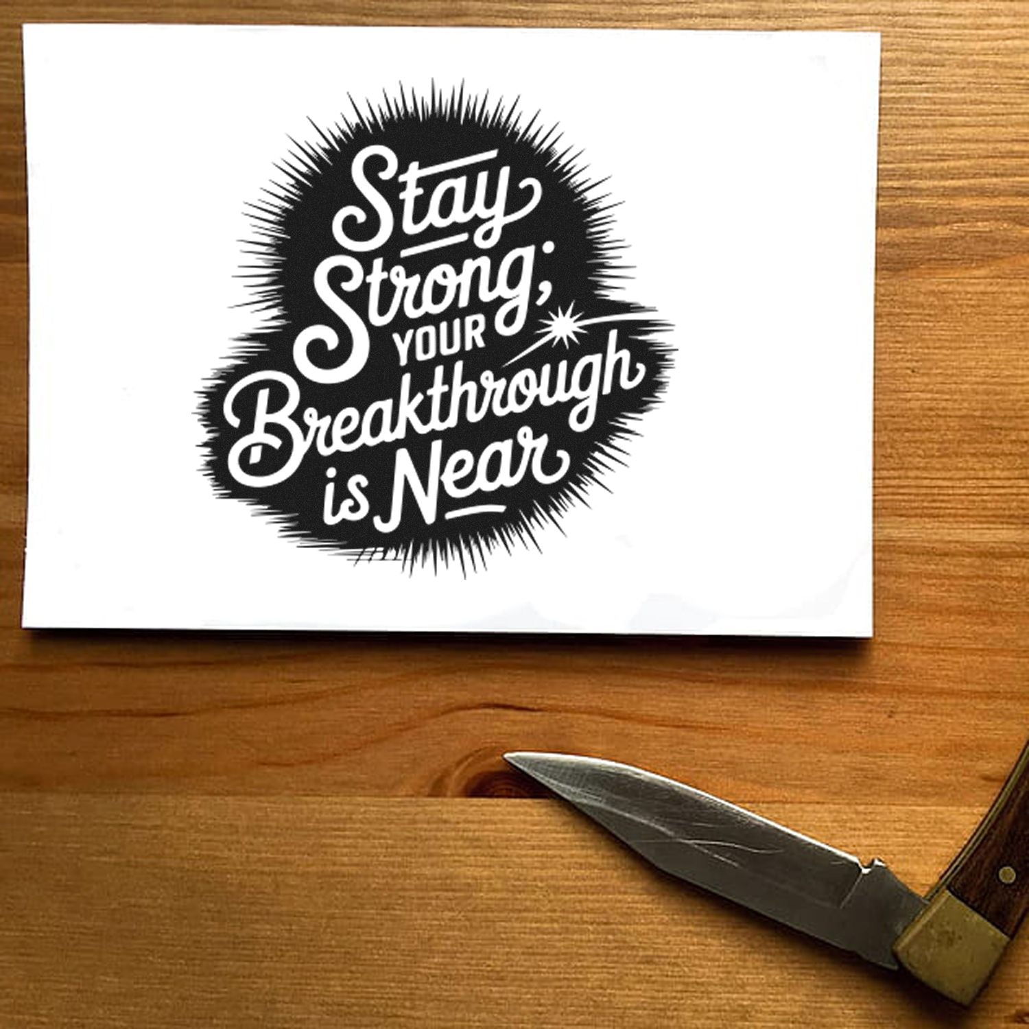 Motivational rubber stamp design reading Stay Strong, Your Breakthrough Is Near for crafts, cards, and DIY stamping.