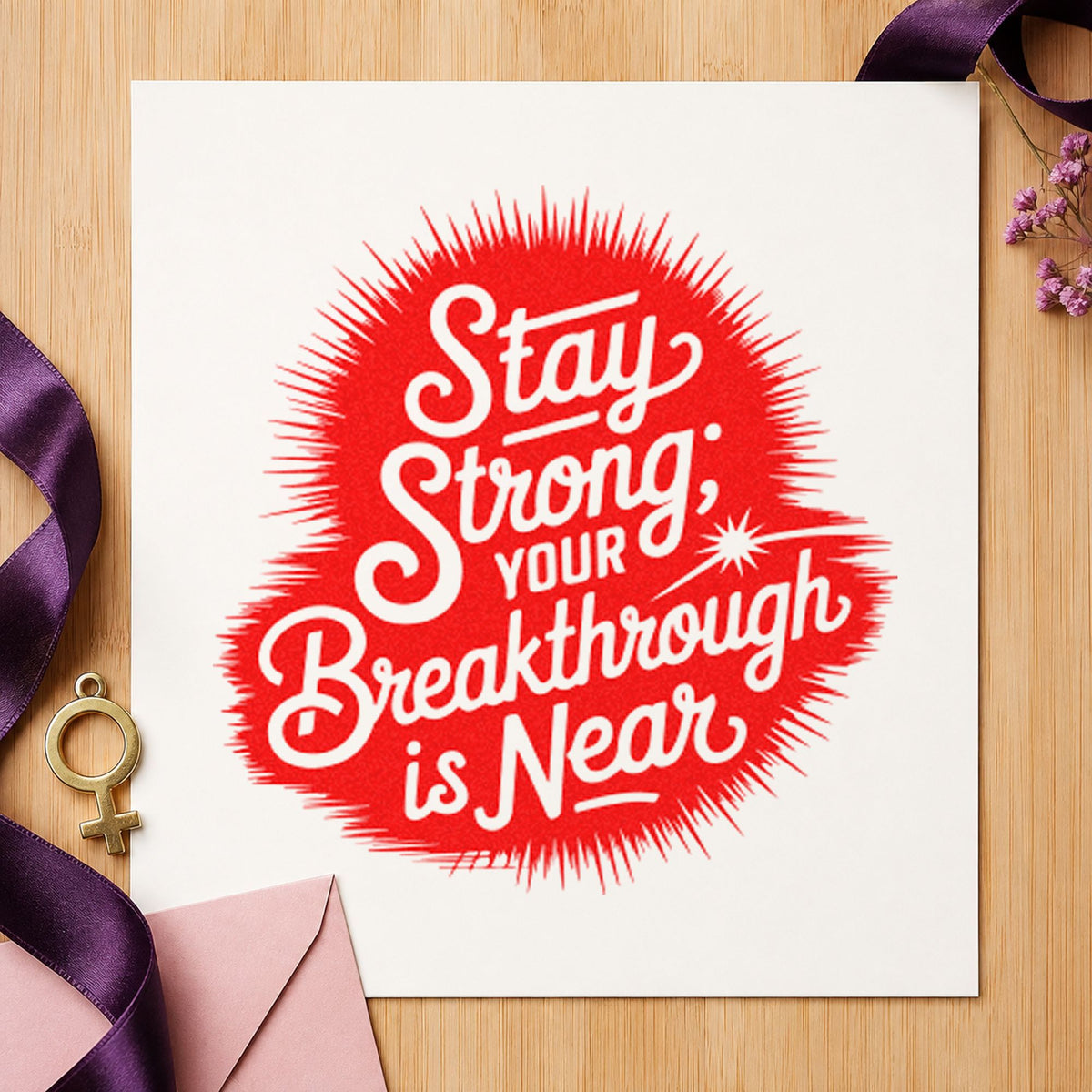 Stay Strong Breakthrough Near craft stamp imprint in red ink on a handmade project, one idea being season review cards.