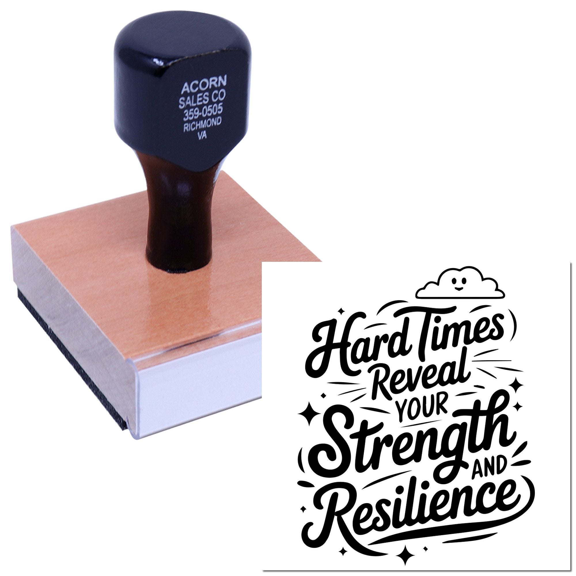 Custom rubber stamp with Hard Times Reveal Your Strength and Resilience motivational quote design for business or craft use