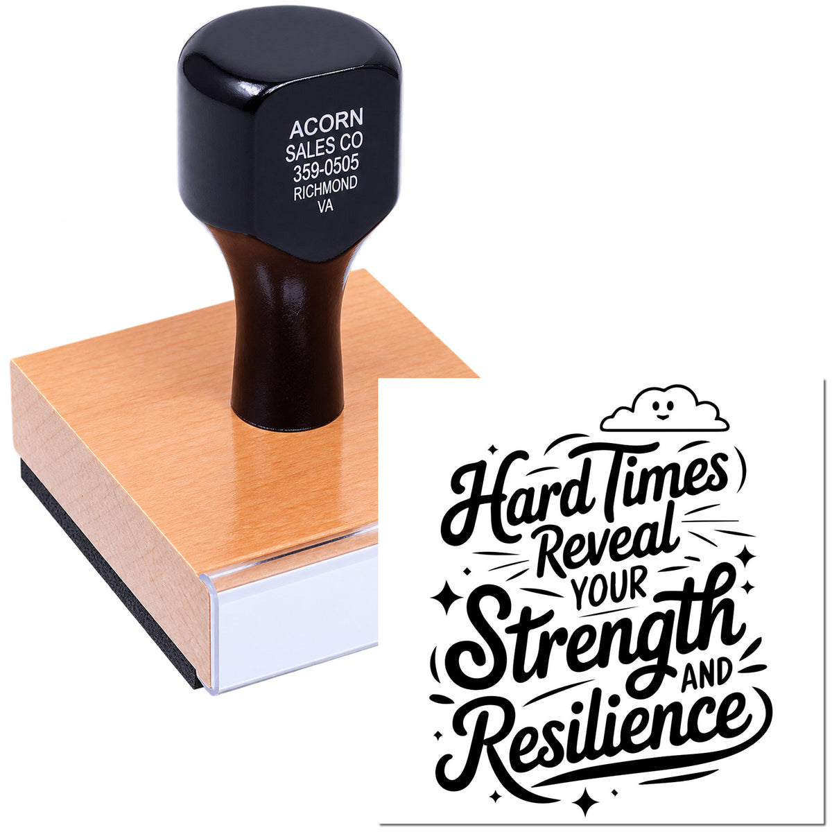 Custom rubber stamp with Hard Times Reveal Your Strength and Resilience motivational quote design for business or craft use