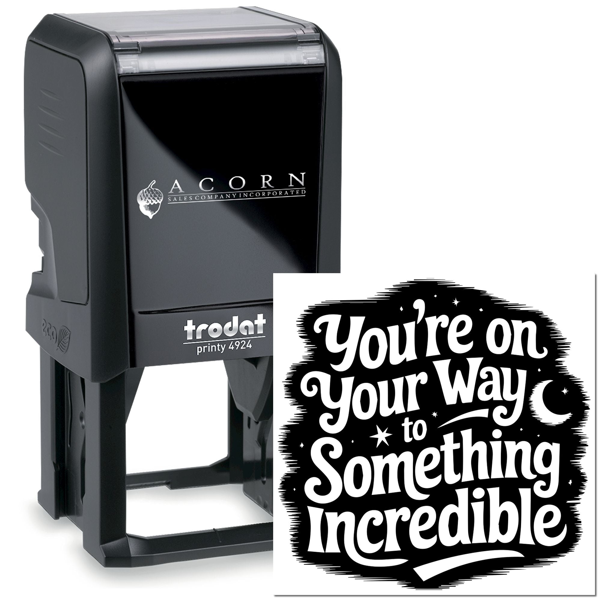 Trodat Printy 4924 self-inking rubber stamp with custom inspirational quote for business branding and promotional use.