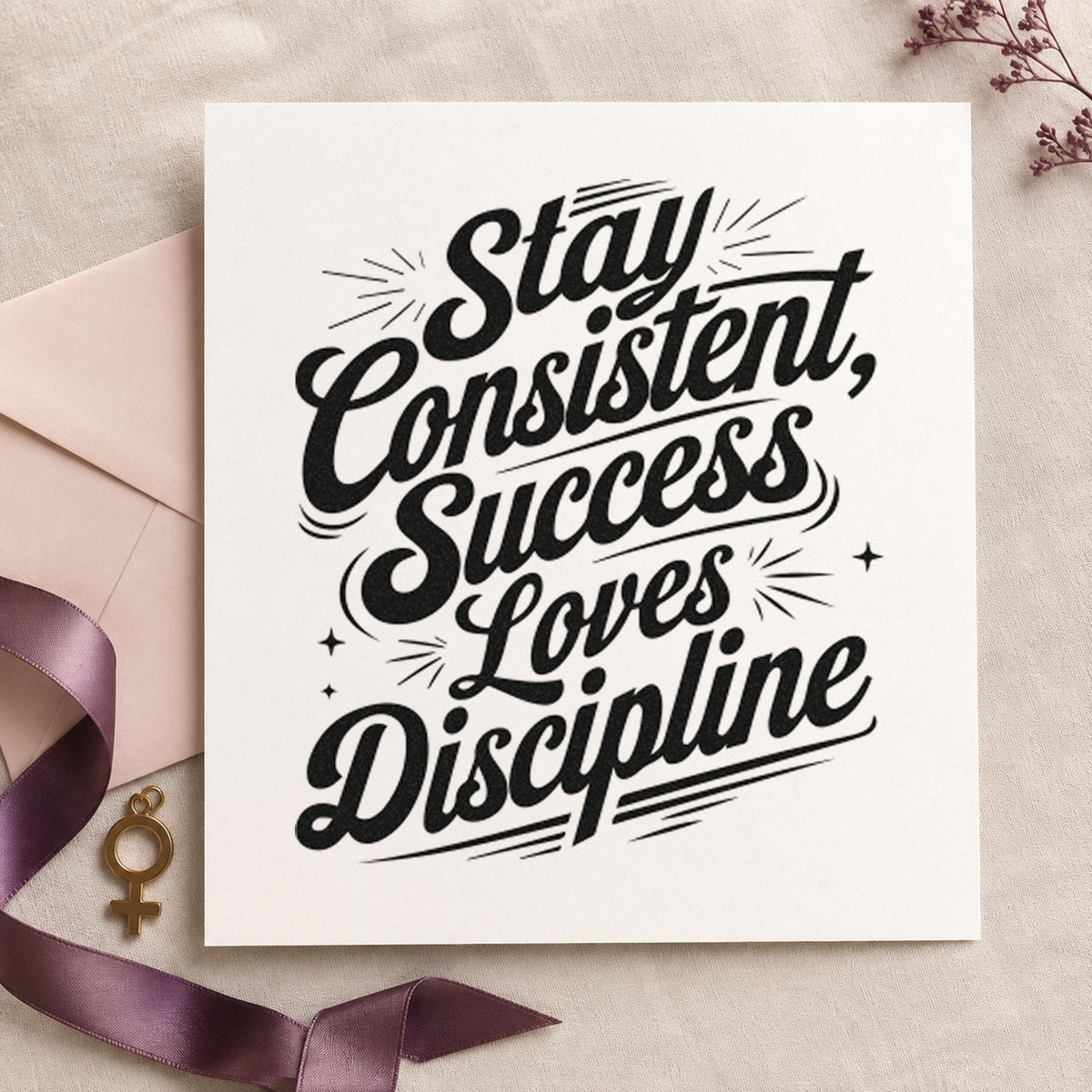 Stay Consistent Success Discipline craft stamp imprint in black ink on a handmade project, one idea being nib set gift tags.