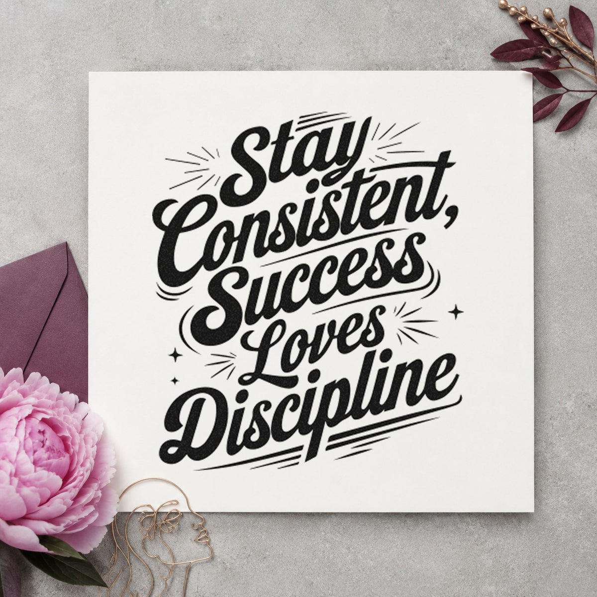Stay Consistent Success Discipline rubber stamp printed in black ink, ready for daily drill sheet and similar paper crafts.