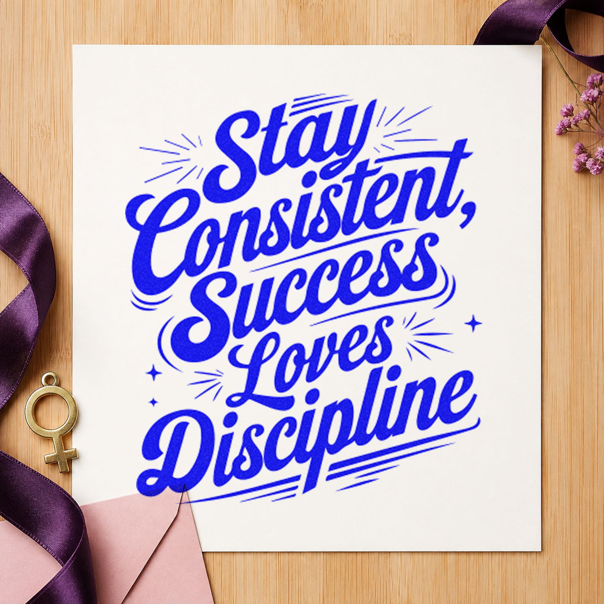 Stay Consistent Success Discipline craft stamp in blue ink on cardstock, an easy option for desk blotter printing.