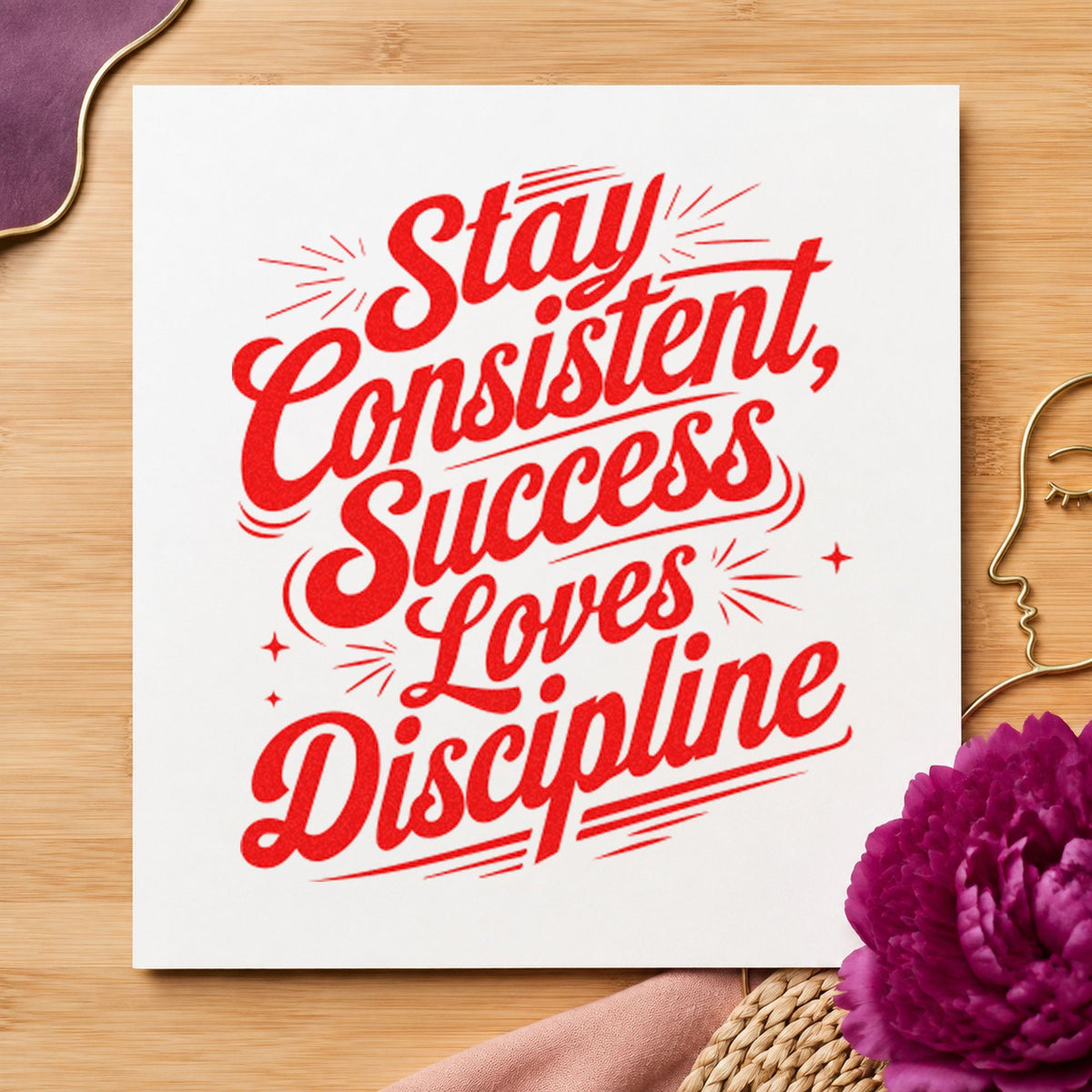 Stay Consistent Success Discipline rubber stamp shown in red ink, stamped for projects such as drawer ink labels.