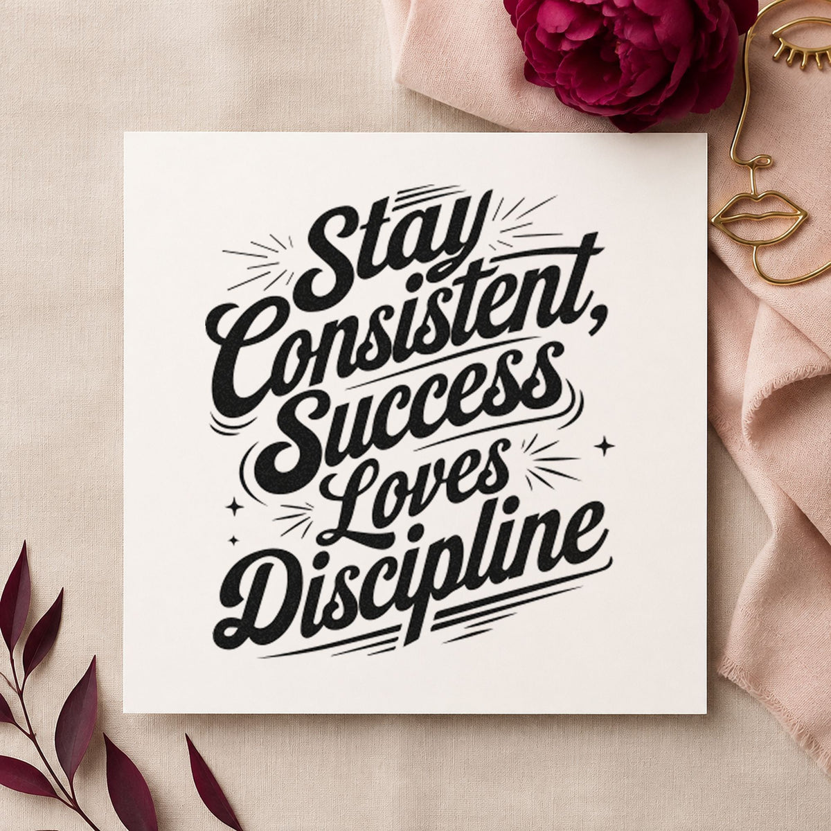 Stay Consistent Success Discipline rubber stamp printed in black ink, ready for radiating mark cards and similar paper crafts.
