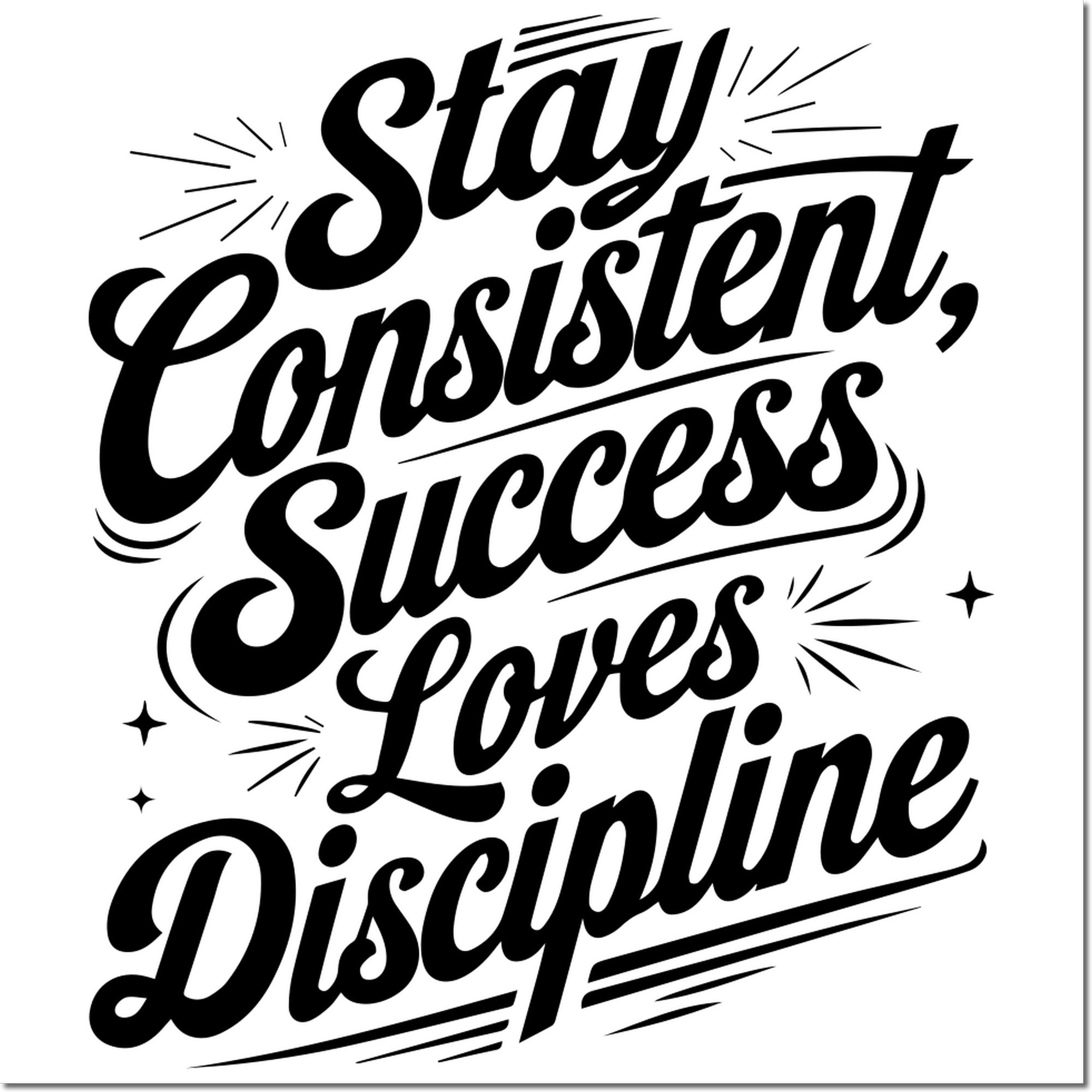 Motivational rubber stamp design with Stay Consistent, Success Loves Discipline in bold script typography.