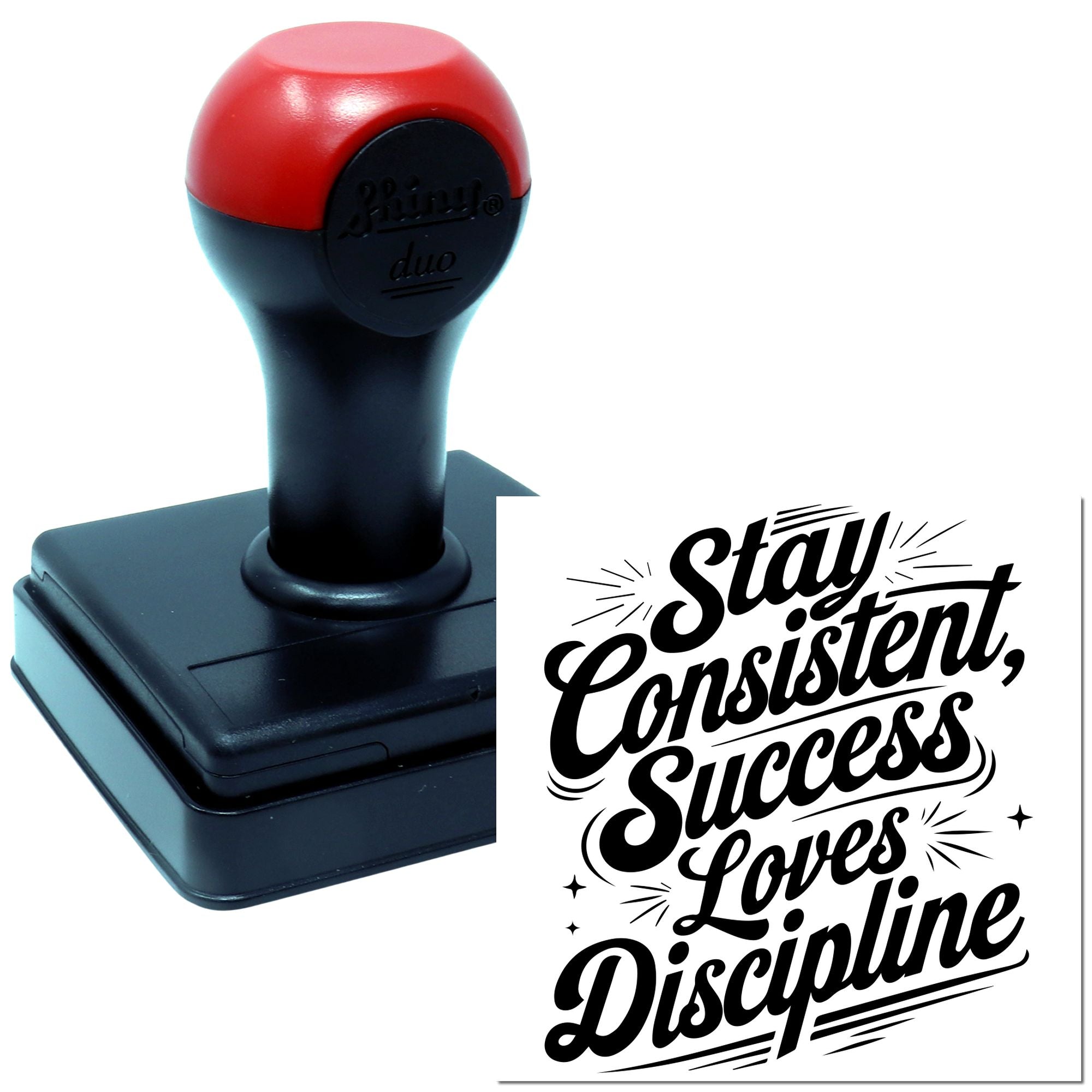 Custom self-inking rubber stamp with motivational quote, Stay consistent, Success loves discipline, for business branding.