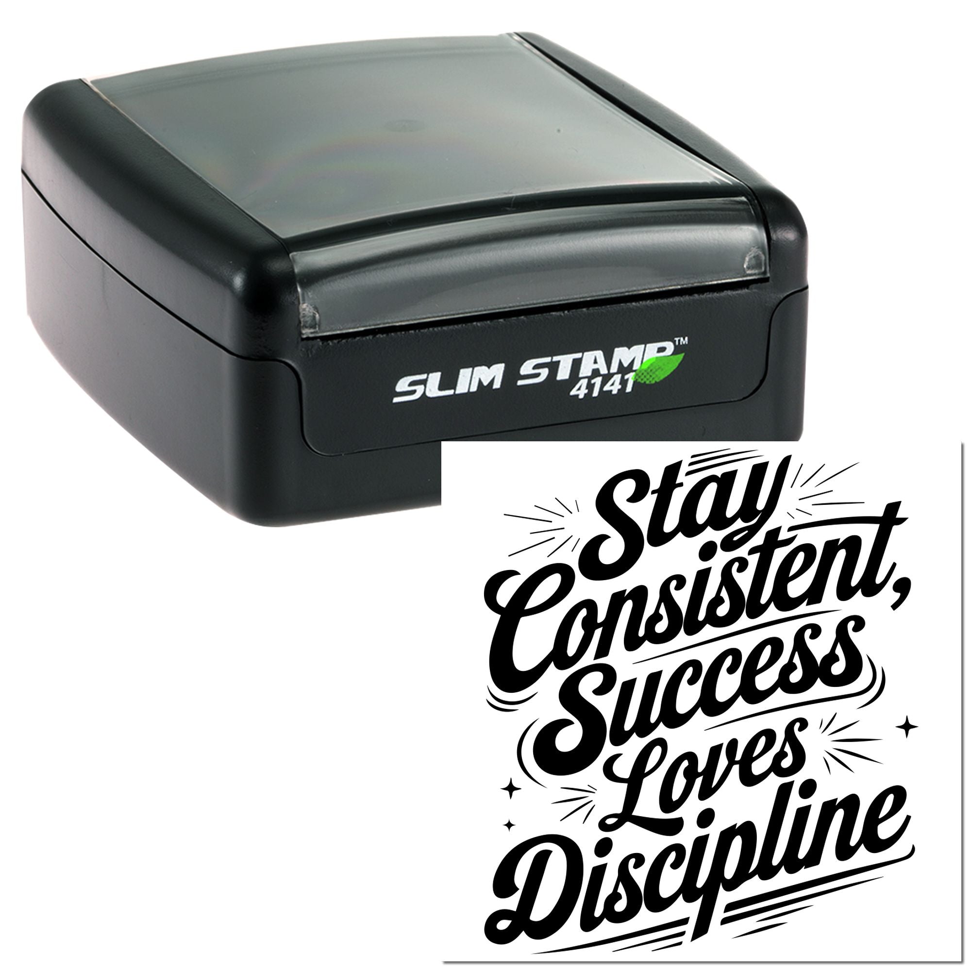Self-inking rubber stamp with motivational quote, Stay Consistent, Success Loves Discipline, for custom business branding.