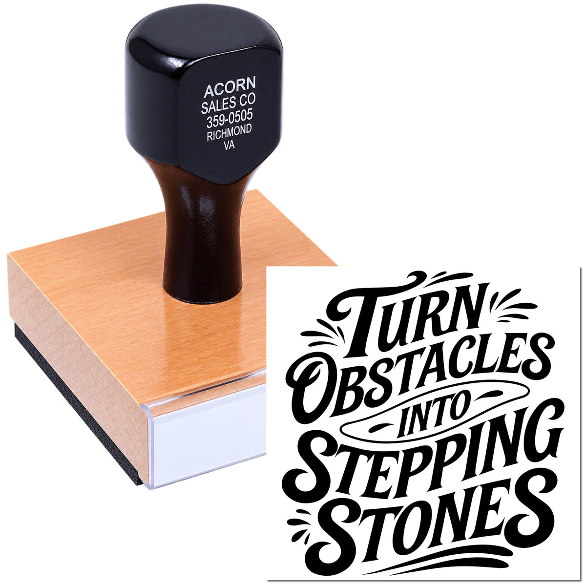 Custom motivational rubber stamp with Turn Obstacles Into Stepping Stones design for business or craft use.
