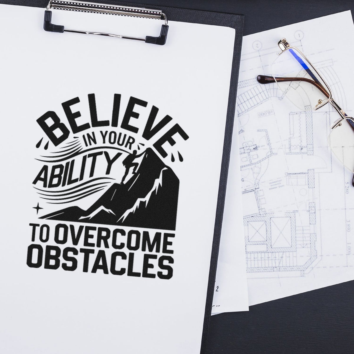 Believe Ability Overcome Obstacles Premium Wooden Stamp - Vintage Pro imprint stamped in black ink. BELIEVE IN YOUR ABILITY TO OVERCOME OBSTACLES appears with a mountain peak and tiny climber.