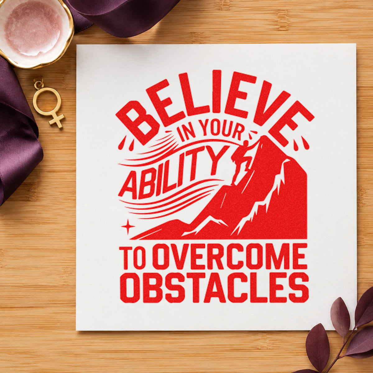 Believe Ability Overcome Obstacles craft stamp imprint in red ink on a handmade project, one idea being challenge cards.