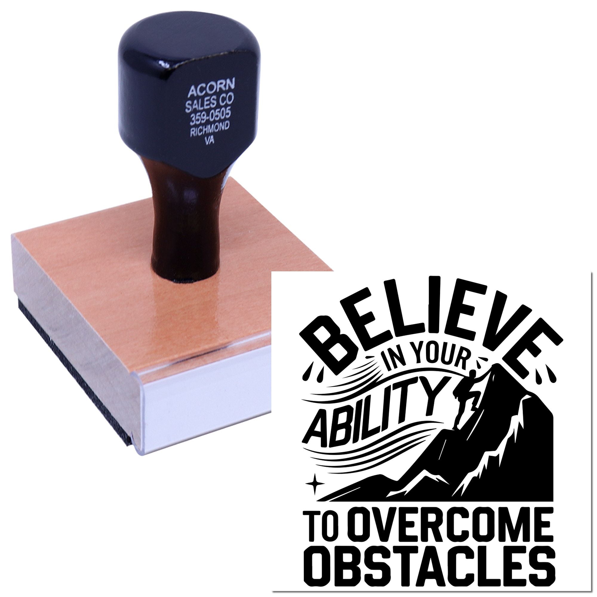 Custom rubber stamp with Believe in your ability to overcome obstacles mountain climber design for inspirational branding