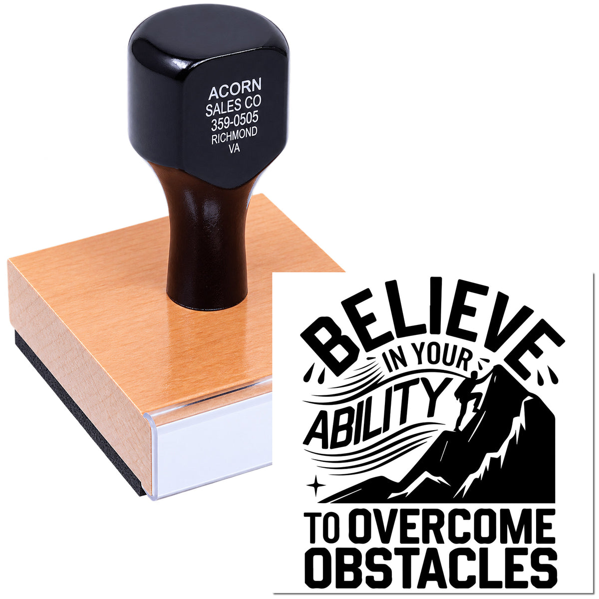 Custom rubber stamp with Believe in your ability to overcome obstacles mountain climber design for inspirational branding
