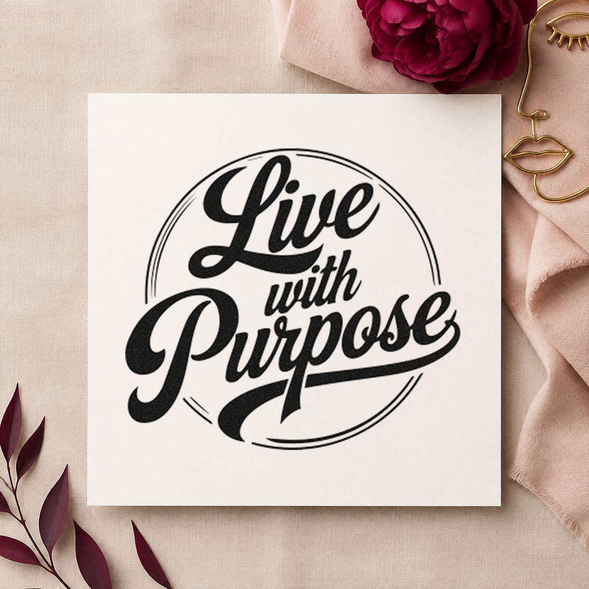Live With Purpose Circle craft stamp in black ink on cardstock, an easy option for retrofit album page.