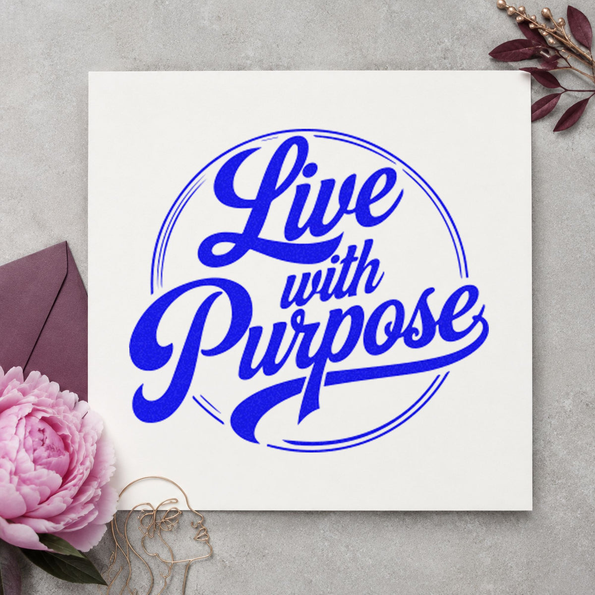 Live With Purpose Circle craft stamp in blue ink on cardstock, an easy option for curtain hem printing.