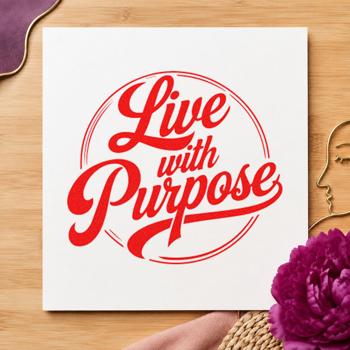 Live With Purpose Circle craft stamp imprint in red ink on a handmade project, one idea being room audit cards.