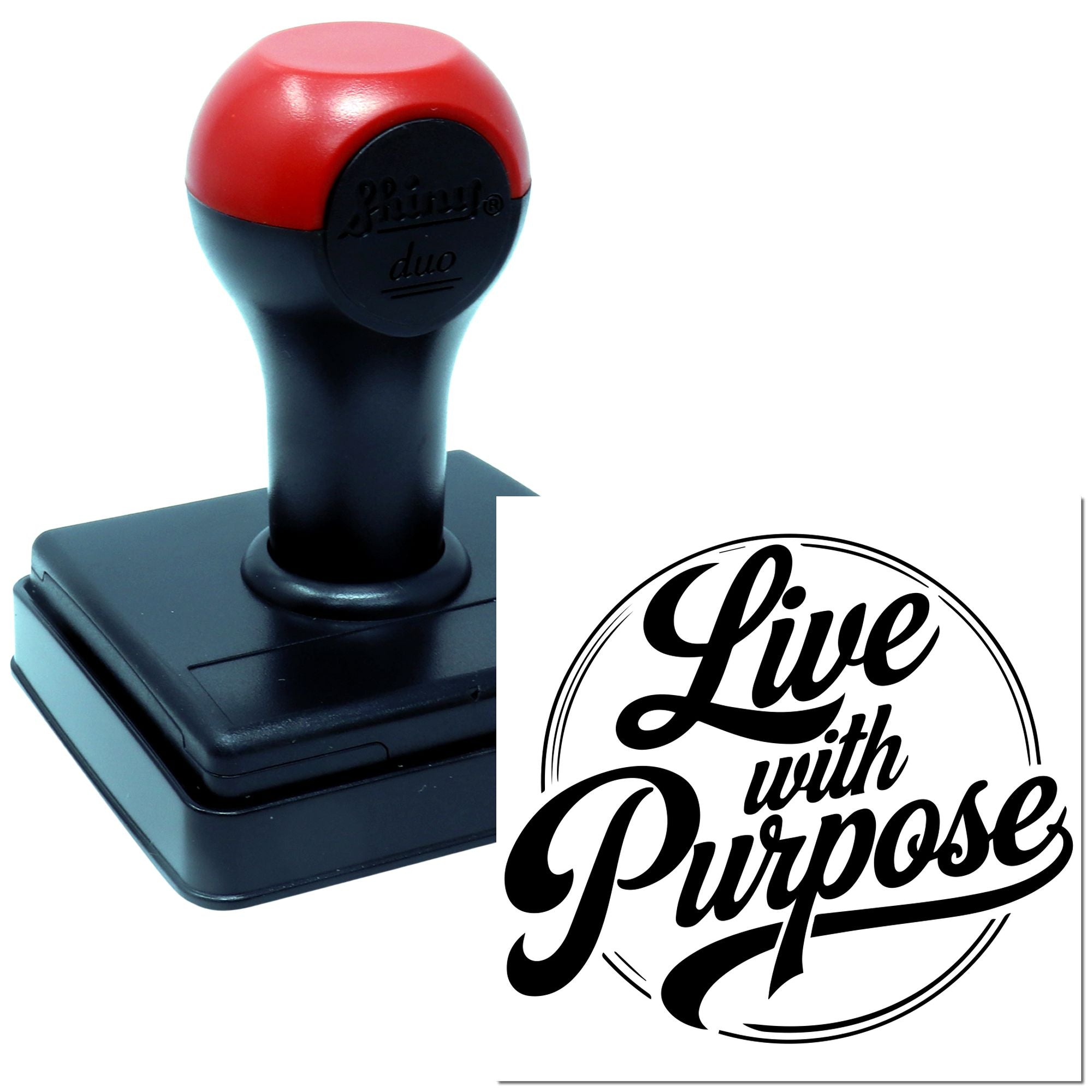 Custom self-inking rubber stamp with Live with Purpose script design for branding, crafts, and inspirational packaging.