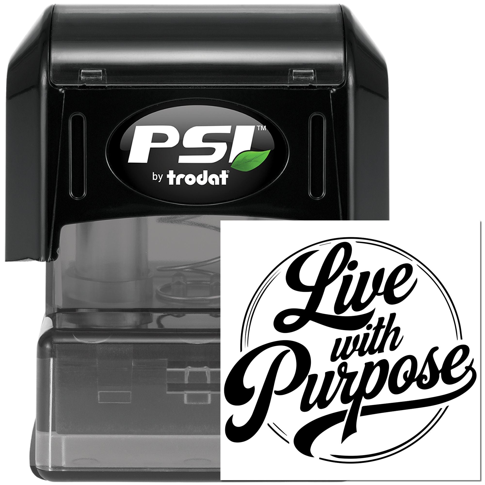 PSI by Trodat self-inking custom rubber stamp featuring a Live with Purpose round logo design.
