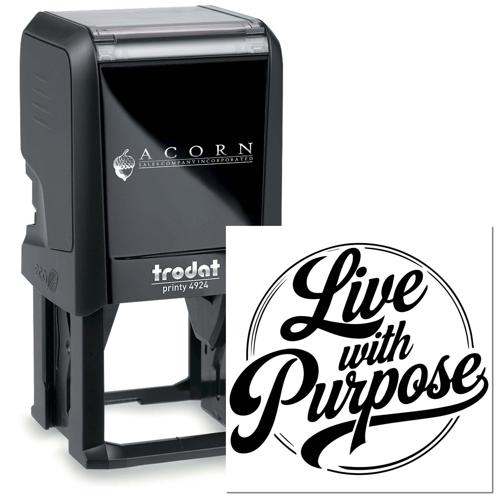 Custom self-inking Trodat rubber stamp with Live with Purpose design for branding and motivational use.