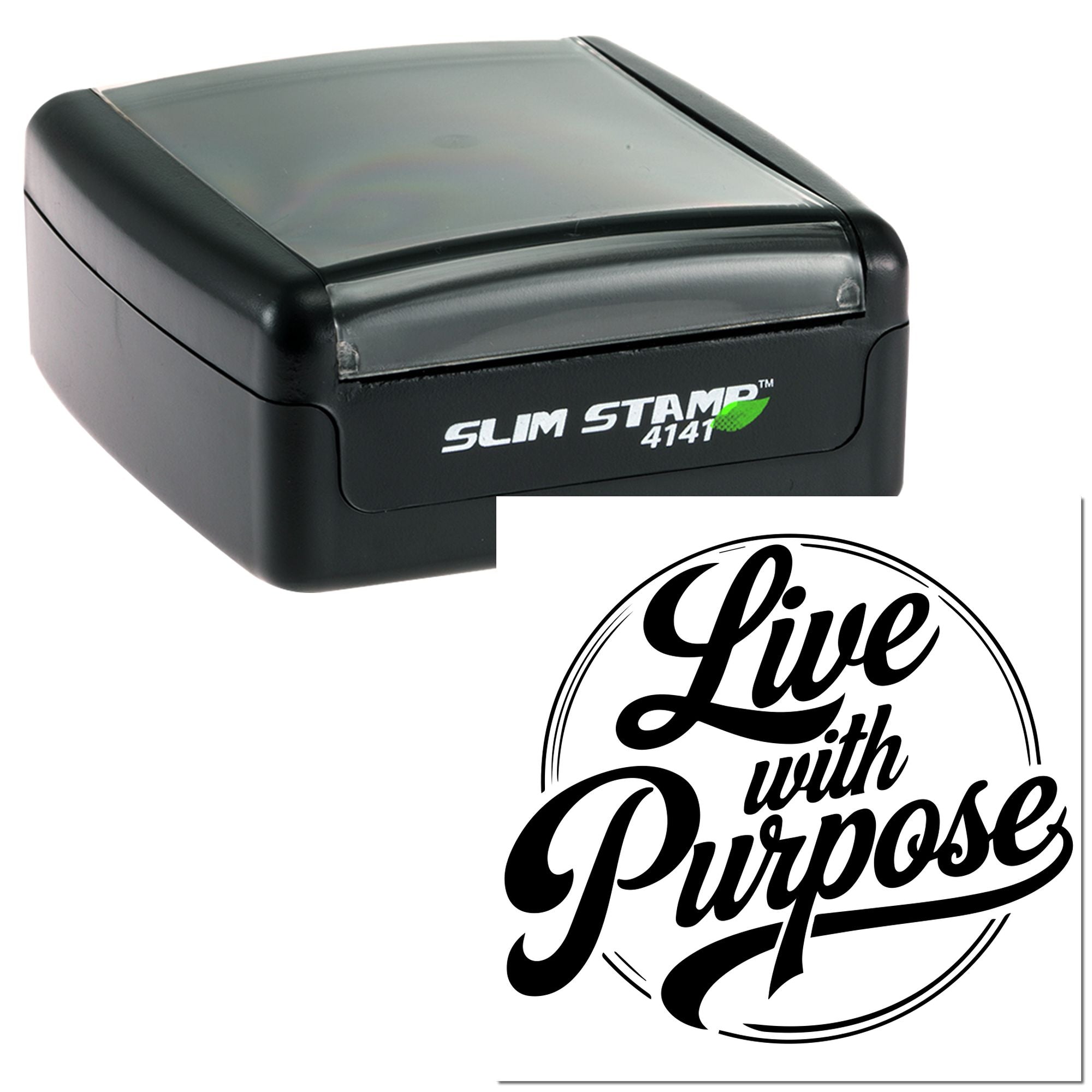 Self-inking rubber stamp with Live with Purpose custom motivational imprint design.